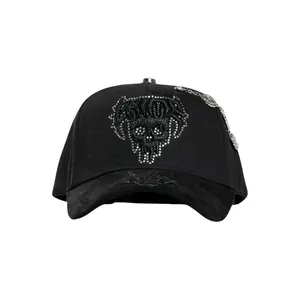 Barbas Hats CRIME Black Snapback Cap, Rhinestone Skull Logo Baseball Hat, Latino Streetwear Distressed Curved Brim, Adjustable Urban Drip Style for Men Women