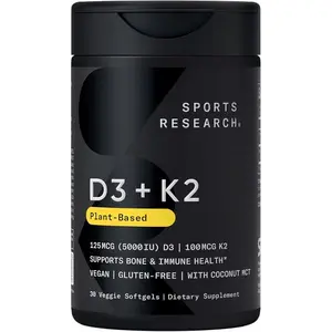 Sports Research Vitamin D3 + K2 w/Coconut Oil - Vegan Vitamin D 5000iu (125mcg) & Mk7 Vitamin K 100mcg for Bone & Immune Support - Vegan Certified · Non-GMO · Soy Free - 30 Softgels