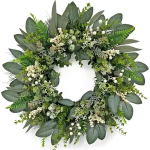 24 Inch Greenery Wreaths for Front Door Artificial Eucalyptus Wreath with White Berries and Mixed Green Leaves, Year-Round Farmhouse Indoor Outdoor Door Wreath for Spring Summer Home Decor
