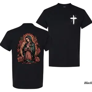 Virgin Mary Guadalupe T-Shirt, Catholic Faith Graphic Tee with Rose and Cross, Unisex Religious Apparel, Spiritual Devotion Top