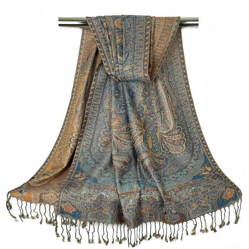 Reversible Pashmina Scarf - Blue & Bronze Lightweight Shawls - Festival Boho Head Wrap - Wedding Shawl Bridesmaid Gift- Gift for Her