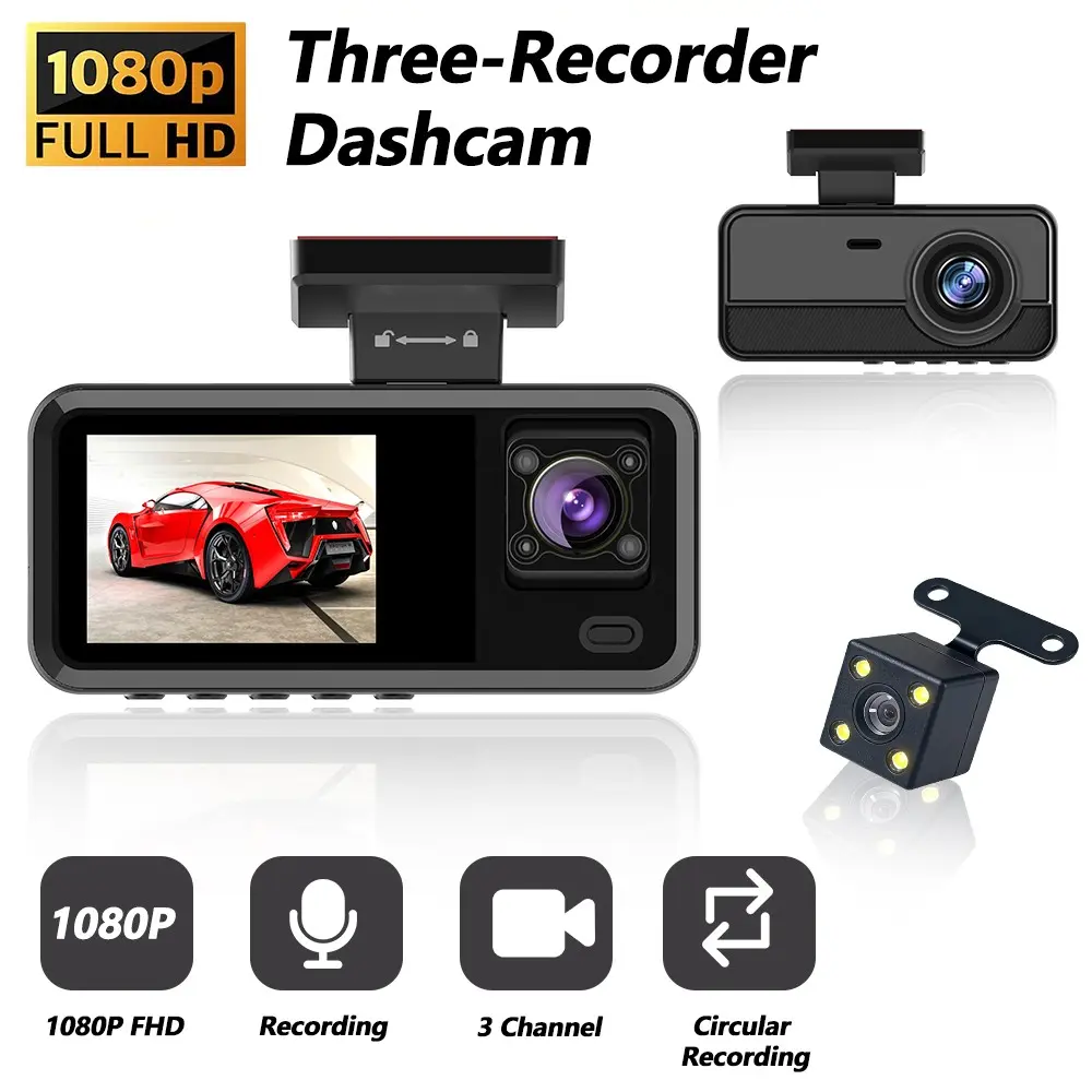 3 Channel Dash Cam 1080P Full HD with Infrared Night Vision, Loop Recording, 2 Inch IPS Screen - Car DVR Video Recorder for Vehicles
