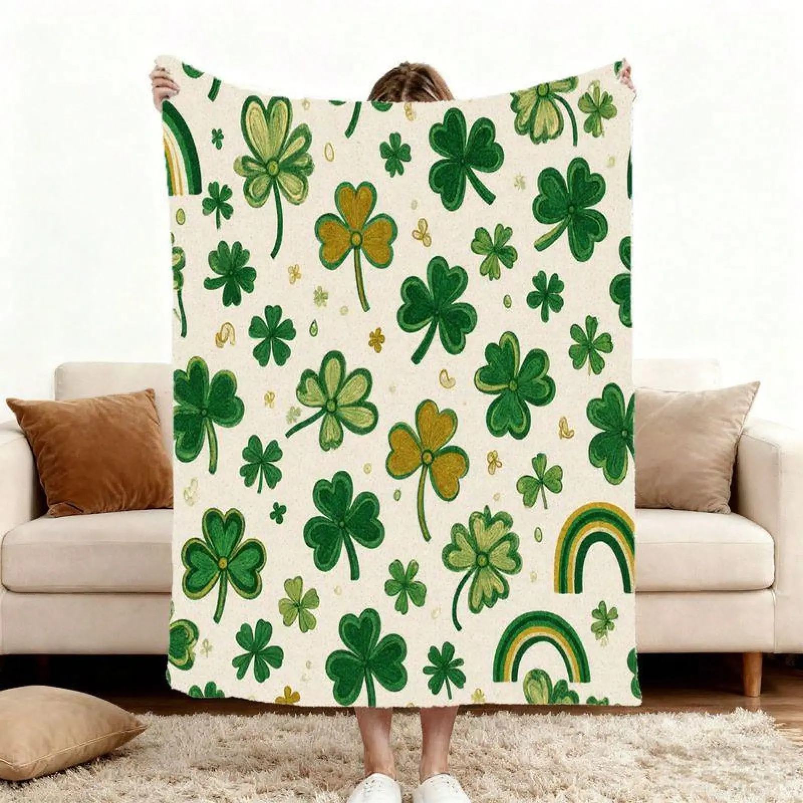 Comfortable beige sofa, white St. Patrick's Day blanket (green golden clover, four-leaf clover, rainbow arc), super soft flannel throw blanket - a warm, lightweight, multi-functional sofa, bed and travel item - the perfect gift for family members