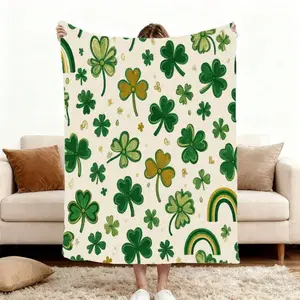 Comfortable beige sofa, white St. Patrick's Day blanket (green golden clover, four-leaf clover, rainbow arc), super soft flannel throw blanket - a warm, lightweight, multi-functional sofa, bed and travel item - the perfect gift for family members