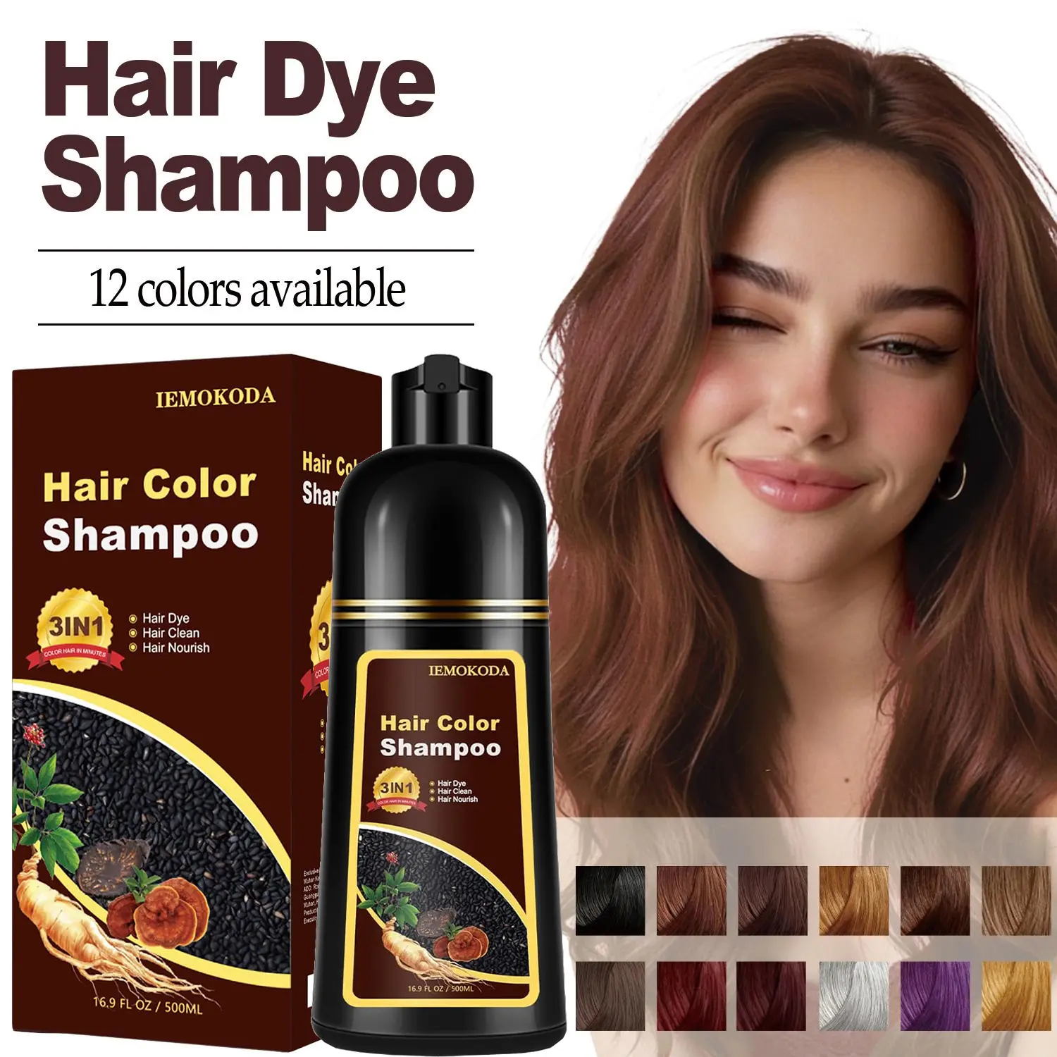 3-in-1 Cherry Brown Hair Dye Shampoo for Women & Men, Natural Instant Hair Color Shampoo for Gray Coverage, Long-Lasting 3-4 Weeks, for All Hair Types, 16.9 Fl Oz (500ML)