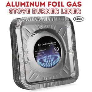 50 Pack Aluminum Foil Square Stove Burner Covers Disposable Heavy Thick Quality Bib Liners Drip Pans Gas Range Top Protectors 8.5”