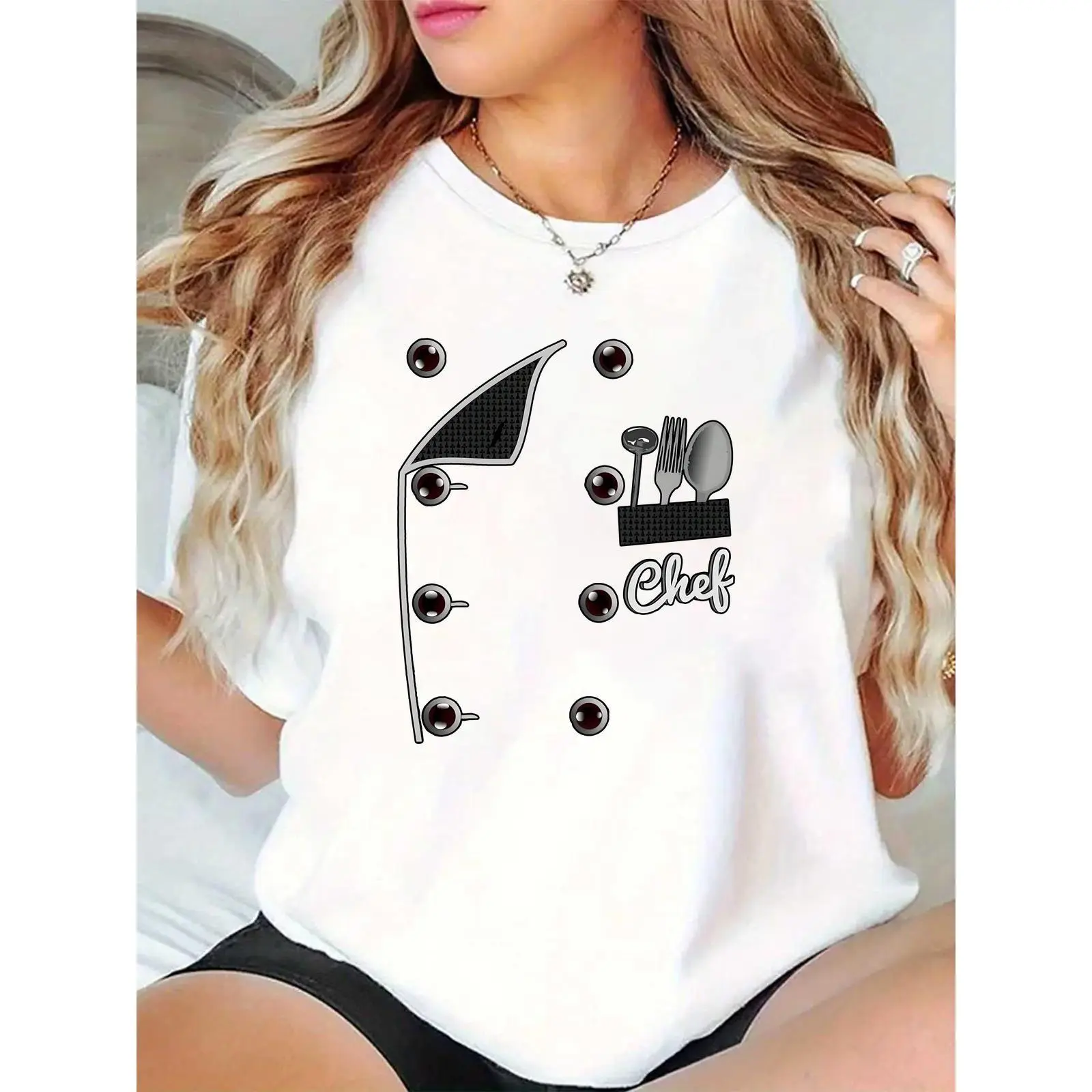 Women's Chef Hat Utensils & 'Chef' Graphic T-Shirt, Casual Kitchen Cooking Tee for Foodie Ladies, White Short Sleeve Top