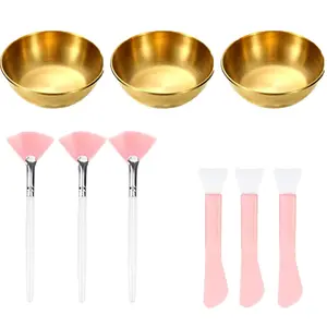 9Pcs Professional Facial Mask Mixing Bowl Set, Gold Stainless Steel Face Mask Bowls with Fan Brushes & Scrapers, 3-in-1 Skincare Tool Kit for Mud Mask Application, Home Salon Spa Travel Use