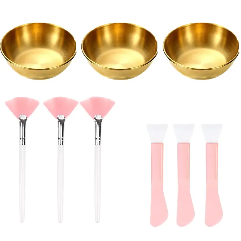 9Pcs Professional Facial Mask Mixing Bowl Set, Gold Stainless Steel Face Mask Bowls with Fan Brushes & Scrapers, 3-in-1 Skincare Tool Kit for Mud Mask Application, Home Salon Spa Travel Use