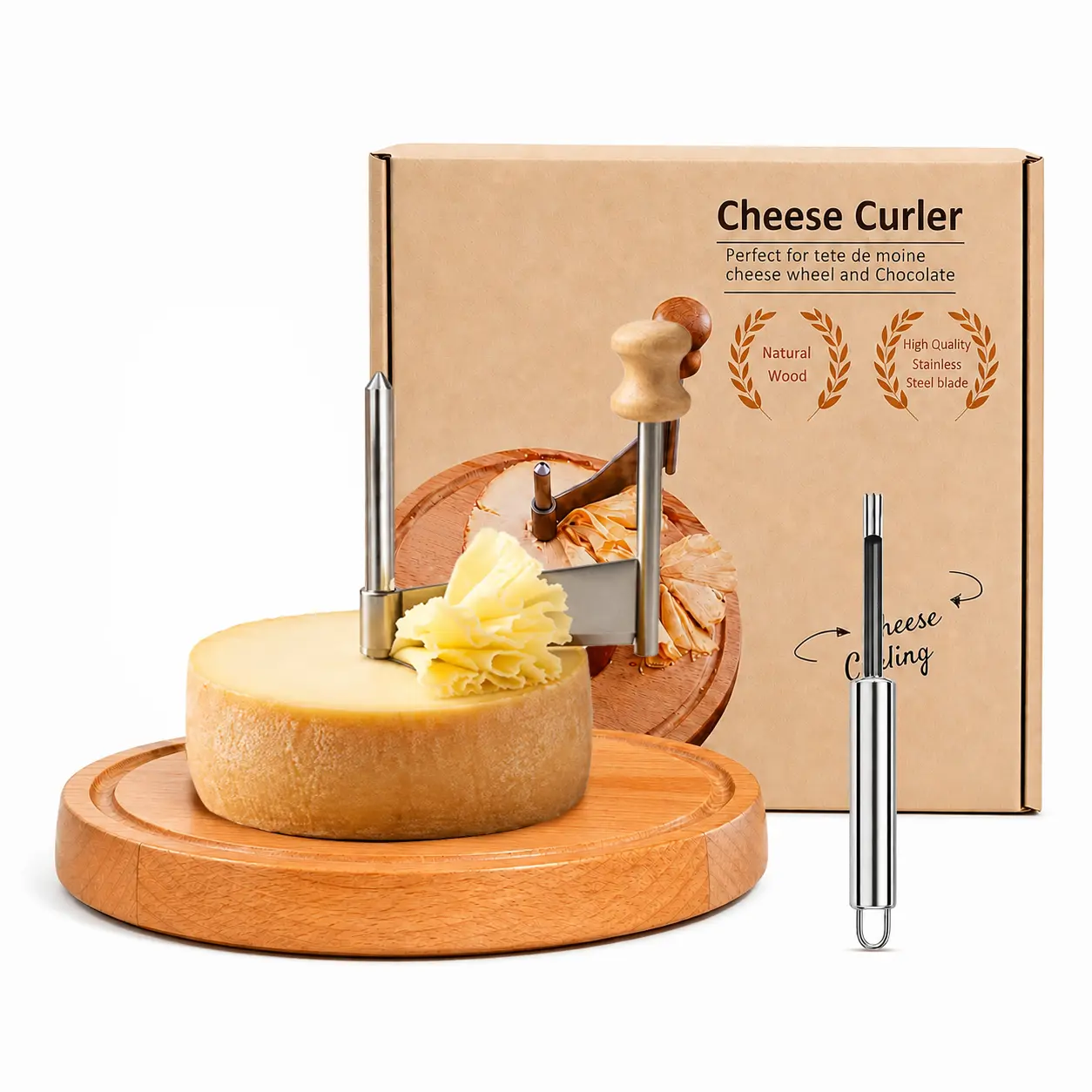 Cheese Curl Maker Stainless Steel – Manual Cheese & Chocolate Shaver with Wooden Handle – Perfect for Party Boards & Home Entertaining