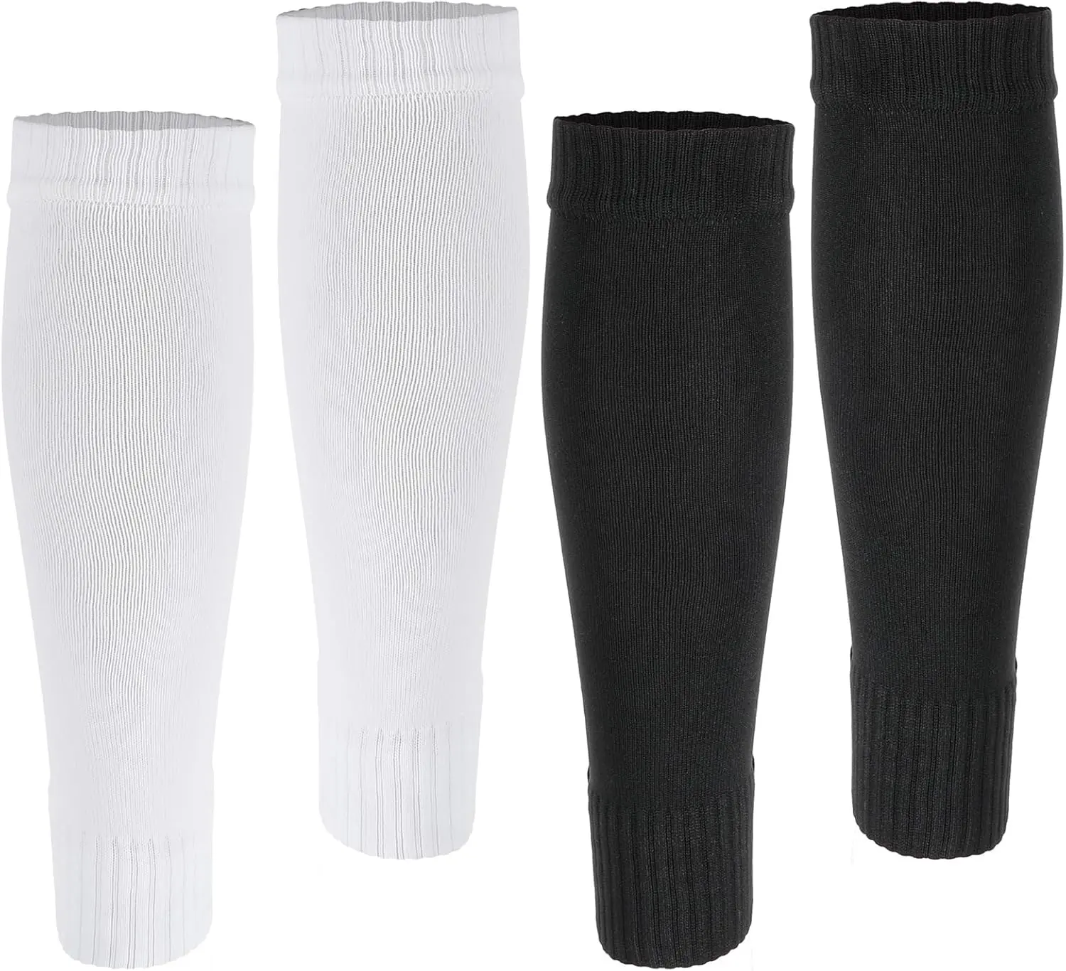 2 Pairs Pre Cut Soccer Socks, Shin Guard Sleeves Adult Black White Leg Sleeves, Elastic Football Sports Socks for Soccer Running Cycling