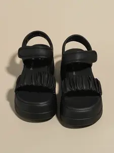 Summer Sweet Style Soft Folded Velcro Thick Sole Sandals, Elastic Wave Bottom Heeled Flip Flops, Outdoor Anti-Slip Versatile Comfortable Slippers