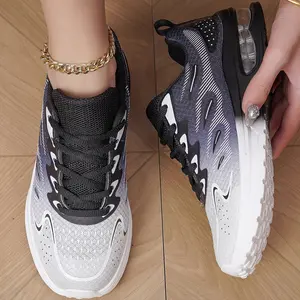 Women's breathable knitted running shoelaces air cushion technology - lightweight low-top casual shoes, black mesh PU bottom is comfortable all day, all-weather sports, yoga, walking, fashionable sports design, comfortable lining