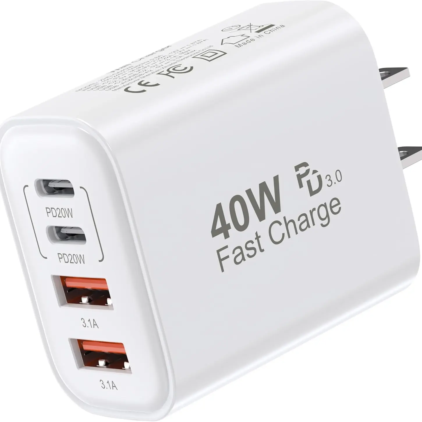40W USB C Charger Block – 4-Port Fast Charging Adapter with PD & QC for iPhone, iPad, Apple Watch, Samsung Galaxy (White, 1-Pack)