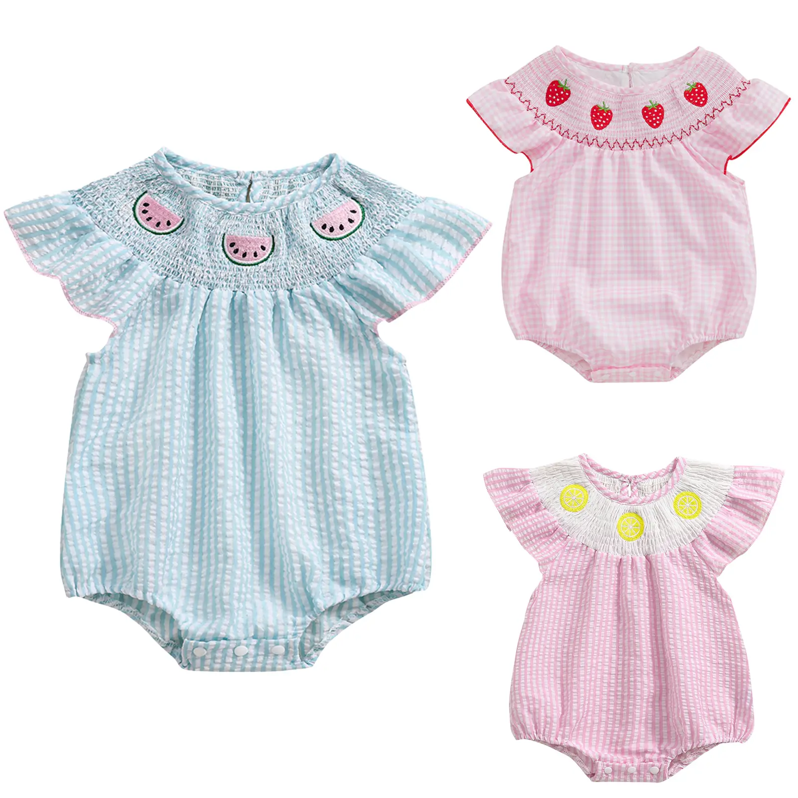 Newborn Baby Girl Smocked Bubbler Romper Watermelon Strawberry Embroided Fly Sleeve Frill Trim Ruffle Gingham Onesie Bodysuit 0-18 Months