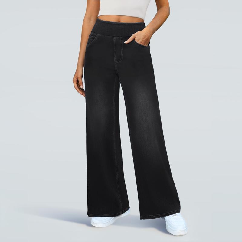 FireSwan Women's Wide Leg Jeans High Waisted Stretchy Denim Pants Elastic Waist Pull On Sweatpant Jeans Trendy Baggy Loose All Seasons Minimalist Basic Trouser Pocket Streetwear Womenswear Bottoms Basic