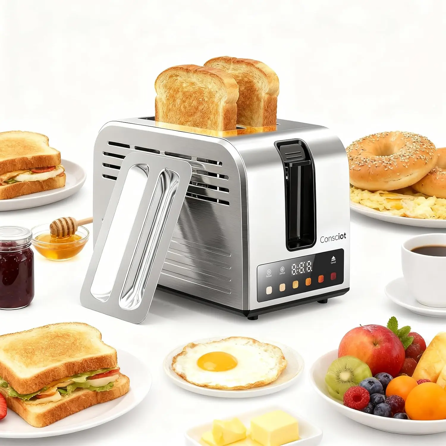 Stainless Steel 2-Slice Smart Touch Sensor Toaster for Home Kitchen, 110-120V 925W, 6 Adjustable Browning Levels, 11x6 in Extra-Wide Slots, Timer, Bagel Function, Reheat/Defrost/Cancel, Removable Crumb Tray, Auto Pop-up, Non-Slip Base