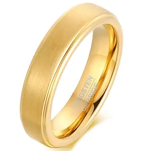6mm Stepped Beveled Brushed Gold Tungsten Ring for Men Women Fashion Engagement Wedding Band Comfort Fit
