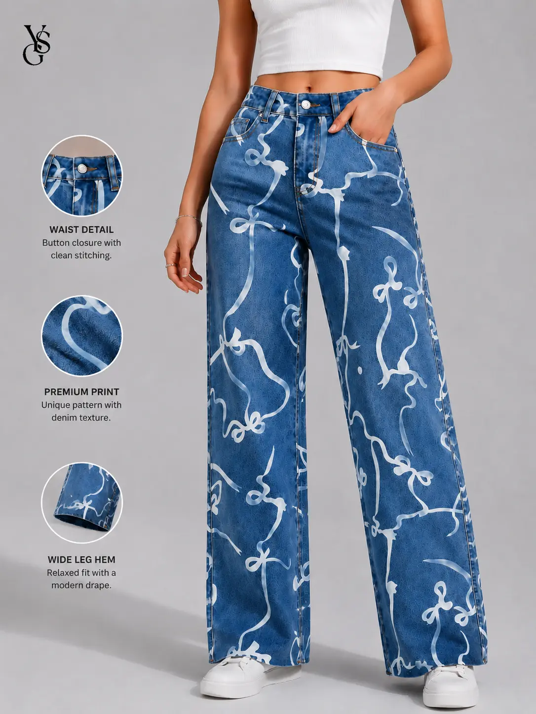 Women's High-Waisted Straight Jeans  Medium Wash Blue, Full Coverage Bowknot Print, Raw Frayed Hem, Stretchy Denim, Cotton Fabric, Creates Long Lean Silhouette, Street Style, All-Day Comfort (Dress-Tee Pairing Friendly)