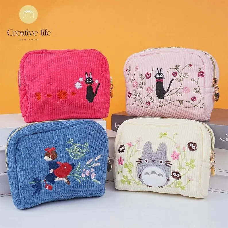 Totoro Corduroy Cosmetic Bag,Kiki's Delivery Service Jiji Black Cat Switch Bags,Makeup Pouch for Travel,Best Friend/Wedding/Christmas Gift