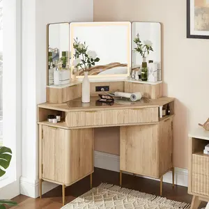 REDLEMON 48" Fluted Vanity – Tri-Fold Mirror, 3-Color Dimmable Lights, Glass Top & Charging Station, Large Lighted Makeup Table