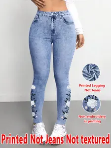 Women's Printed Tight-Fitting Pants, Non-Cowboy Fabric, Long Bottoms, Faux Cowboy Print Underwear, All Seasons Wear, Womenswear