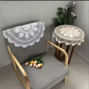 Handmade Crochet Lace Round Tablecloth, Polyester Knit Fabric, European Design with Sophisticated Cutwork, Dining Table Decor