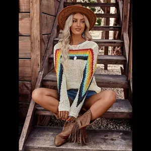 Women's rainbow striped knitted pullover, spring and summer long sleeved round neck fitted casual top, elegant daily wear
