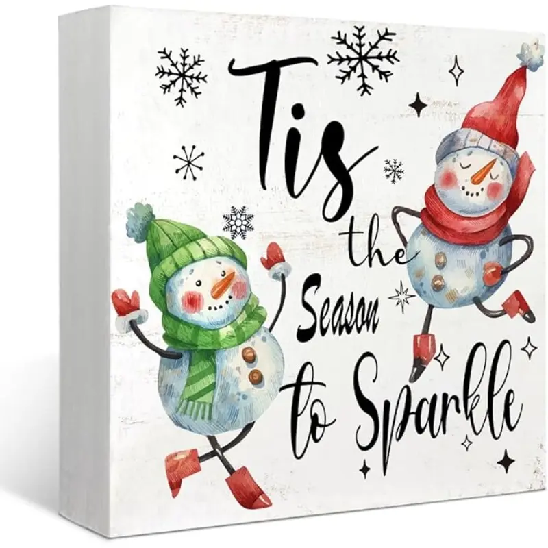 Christmas Snowman Decor Sign,Winter Xmas Tis the Season to Sparkle Snowmans Indoor Wooden Box Signs,Christmas Decorations for Home Bathroom Bedroom Office Table Desk Shelf Wall Decoration,5x5 Inch