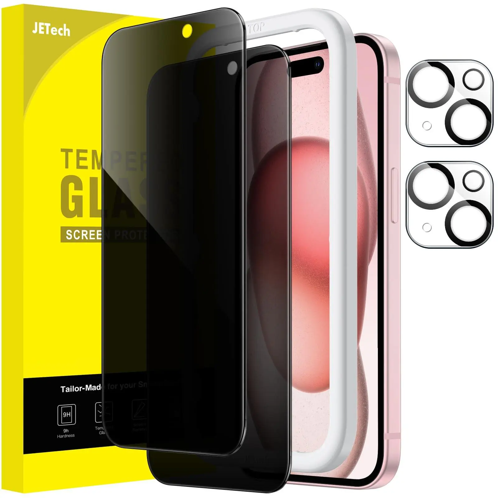 JETech Anti-Spy Tempered Glass Privacy Screen Protector for iPhone 15 Series Smartphone - 2-Pack with Camera Lens Cover, Easy Installation Tool, Cellphone Protection Accessories, Aftermarket Options, Aftermarket Phone Screen Protectors, Screen Guard
