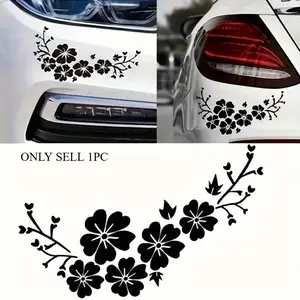 1PC Black Ink Flower Branch & Flower Logo Decor Sticker, Car Decals, Car Decorative Sticker For Car Components, Daily Items + Small Heart Themed Decor, Decal For Cars, Car Vehicle Decoration, Car Stickers