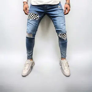Checkered Blue Denim Jeans