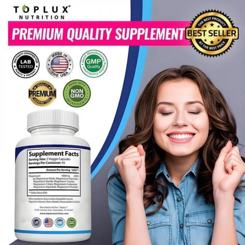 （Flash Sale 3 bottles） TopLux Nutrition Magnesium Complex 1000mg 90 Capsules 7 Elemental Sources Men Women Bone Muscle Sleep Immune Support Nature Decent Fitness Dietary Supplement Malate Taurate Chelated for