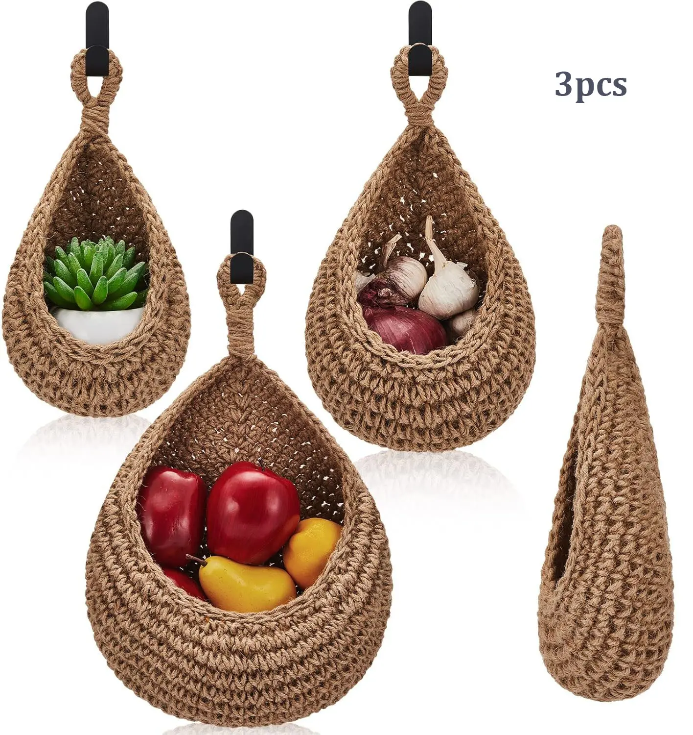 3-Sizes Rustic Breathable Woven Cotton Hemp Hanging Baskets Set - Eco-Friendly, Durable Storage Solution with Large Capacity for Kitchen, Bathroom, Fruit Organization & Instant Boho Home Vibe