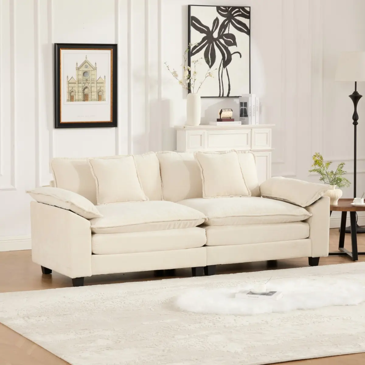 81.9" Beige Chenille Fabric 2-Seater Sectional Loveseat Sofa, Oversized Deep Seat Wide Armrests Modern Modular Couch for Living Room, Sturdy, Sponge