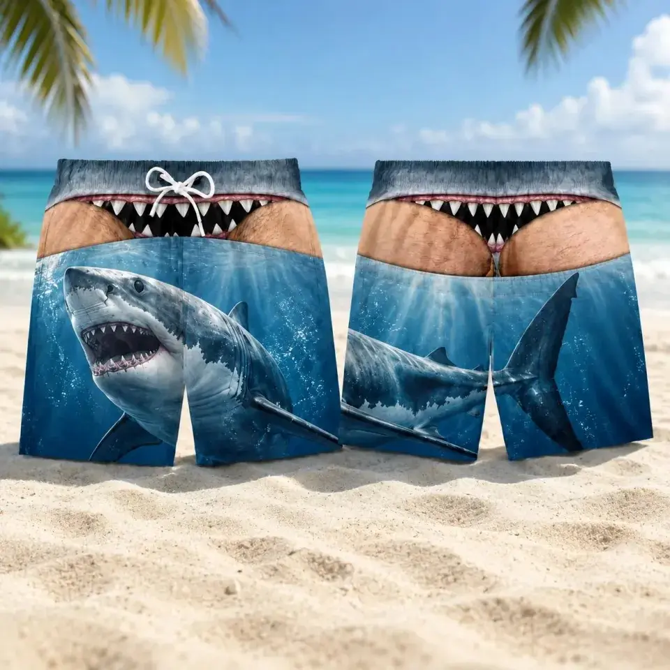 Funny Hawaiian Shorts, Great White Shark Bite Body Illusion 3D Ocean Beach Design, Gift for Men with a Sense of Humor