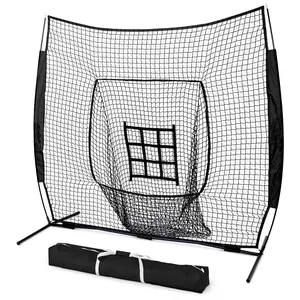 7 ft x 7 ft Baseball & Softball Practice Hitting & Pitching Net with Bow Type Frame, Carry Bag and Strike Zone - Choose Red, Black, Great for All Skill Levels