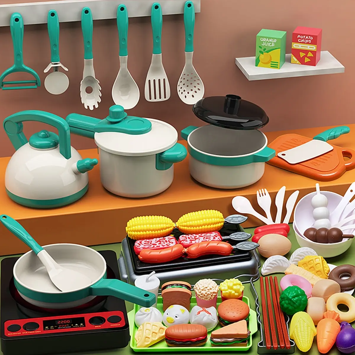 Kids Kitchen Toy Set, Toddler Play Kitchen, 73pcs Pretend Cooking Playset with Pots, Utensils, Cookware, Food, Pretend Dishes, Play Kitchen Accessories, Learning Gift for Ages 3+, Christmas Birthday Present