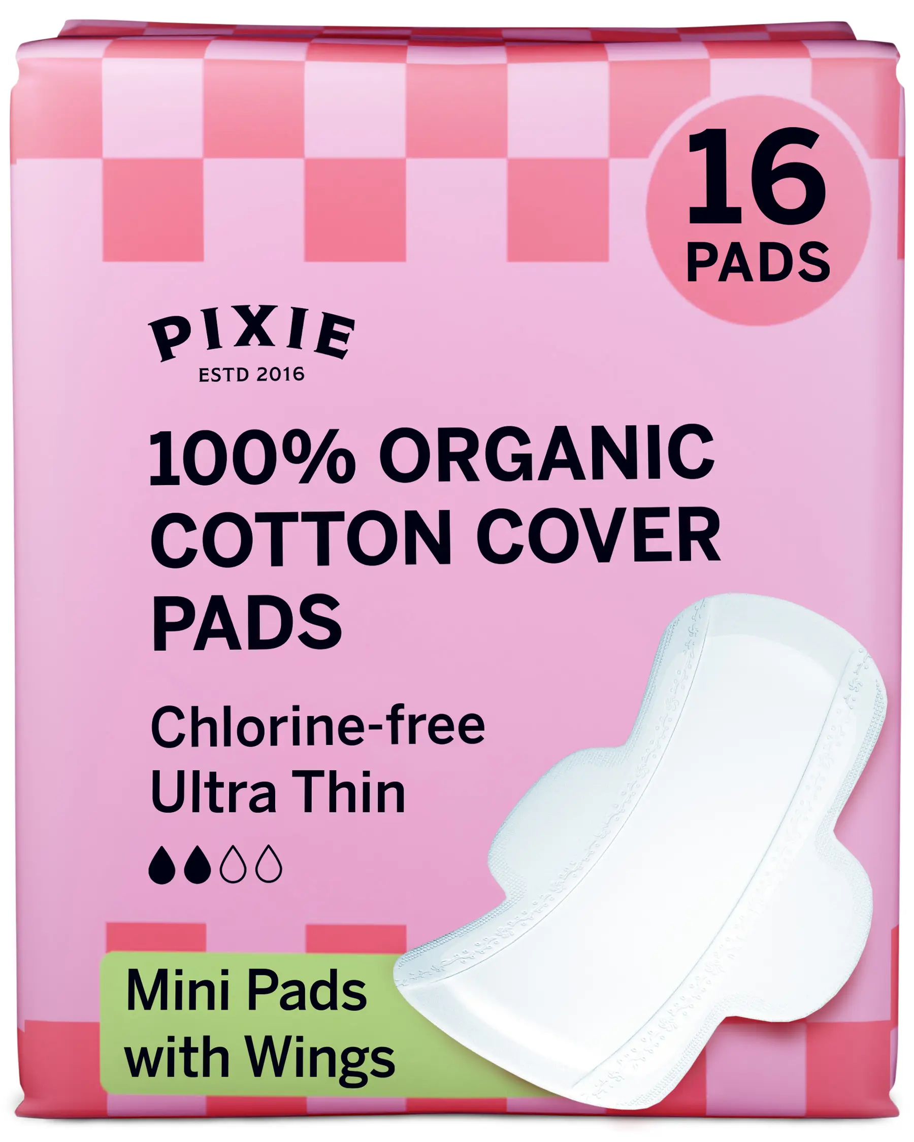 Pixie Organic Cotton Ultra Thin Mini Pads for Teens - Liners with Wings - Light Absorbency Menstrual Pads - Hypoallergenic, Unscented & Biodegradable for Feminine Care - FSA Eligible - 64 Count