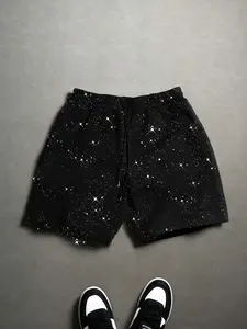 Men's Loose-Fitting Shorts, Elastic Waist Drawstring Design, Sequins Embellished, Side Pockets, Casual Sportswear