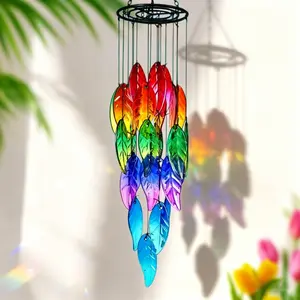 Handcrafted Stained Glass Leaf Wind Chime, Vibrant Rainbow Leaf Forest Design, Durable Outdoor Decoration for Gardens, Patios, Pools