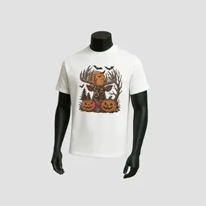 Halloween Deer T-Shirt Featuring Spooky Forest Buck Design with Pumpkins and Bats for Rustic Hunting Fans
