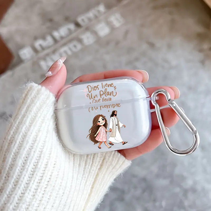 Divine Guiding Hand Pattern TPU Soft Protective Case for Apple AirPods 4/3/2/1/Pro/Pro2 Transparent Earphone Cover with Keychain Attachment