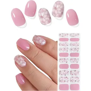 Semi Cured Gel Nail Strips (Violet), Pink Flower, 20 Pcs Gel Nail Wraps, Stickers,  Long Lasting, Works with Any UV Lamps