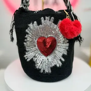Black Handmade Wayuu Crossbody Bag with Silver Sacred Heart Sequin Design | Boho Crochet Bucket Bag | Colombian Artisan Handbag