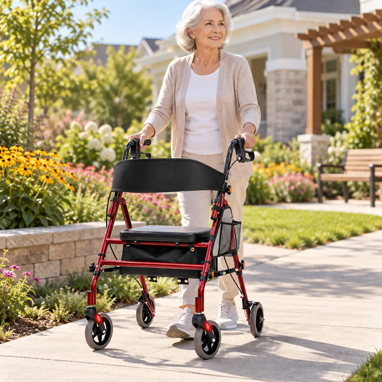 Lightweight Foldable Rollator Walker with Seat for Seniors, 350 lb Capacity Rolling Walker with 5-Level Adjustable Handles, Dual Storage, Hand Brakes and Reflectors, Red