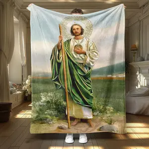 Saint Judas Religious Oil Painting Theme Flannel Blanket, Large Size, Soft, Lightweight, Warm, Perfect for All Seasons