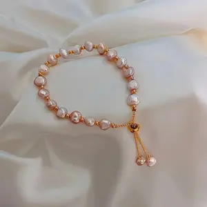 Stylish And Elegant Adjustable Drawstring Bracelet Freshwater Pearl Plated Rosegolden Alloy Champagne Color Is Perfect For Daily Wear Or Gift Gifts