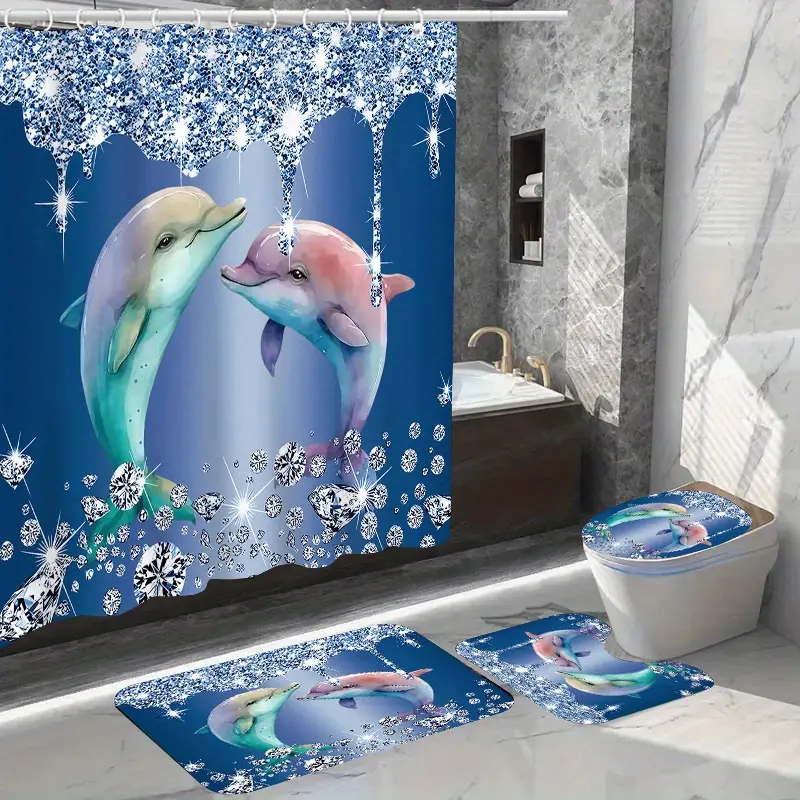 HOT 1/4pcs Diamond & Dolphin Printed Set  Waterproof With 12 Hooks  Non-Slip Bathroom Rug  Toilet U-Shape Mat  Toilet Lid Cover Pad  Bathroom Decor  Sets For Bathrooms Pedestal Shower