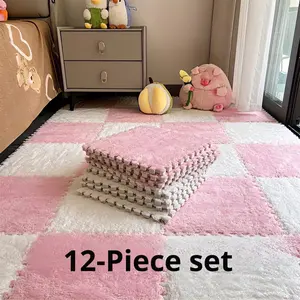 12 Pcs Thick Plush Interlocking Floor Mats, Soft Flush Puzzle Carpet Tiles, Non-Slip Splice Play Mat for Bedroom, Living Room & Game Room